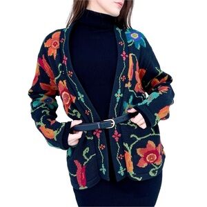 Peruvian Connection Pima Cotton Chunky Knit Floral Print Cardigan Sweater XL
